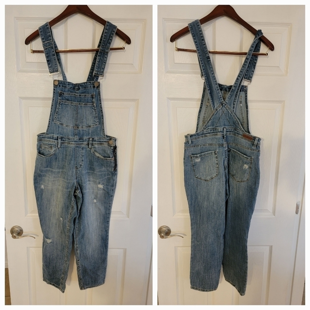 Blank NYC Sz 27 Denim Overalls Straight Distressed Stretch Crop